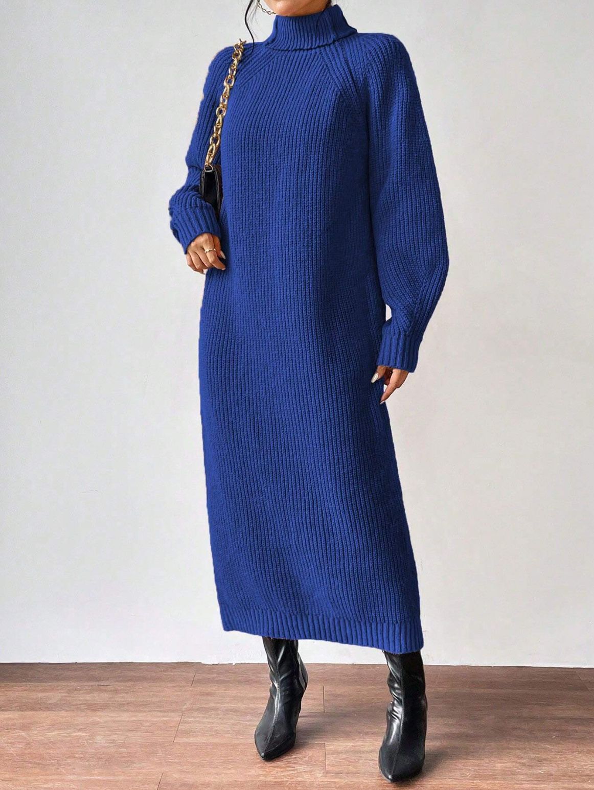 Fashionable Knit Dress for Women, Long Sleeve, High Neck, Crewneck, Solid Color, Long Length, Inner Layer Dress