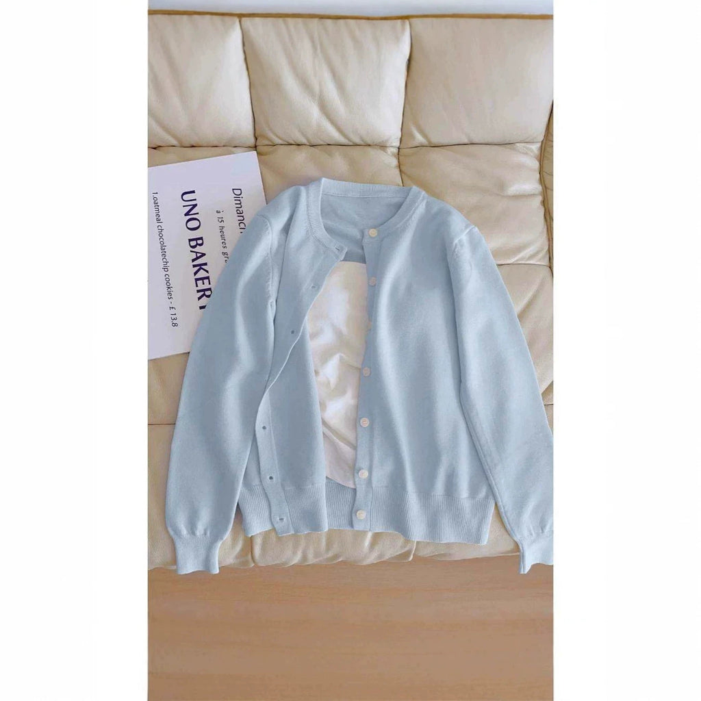 Soft Yellow Round Neck Long Sleeve Light Blue Knit Cardigan for Women Sweater Coat