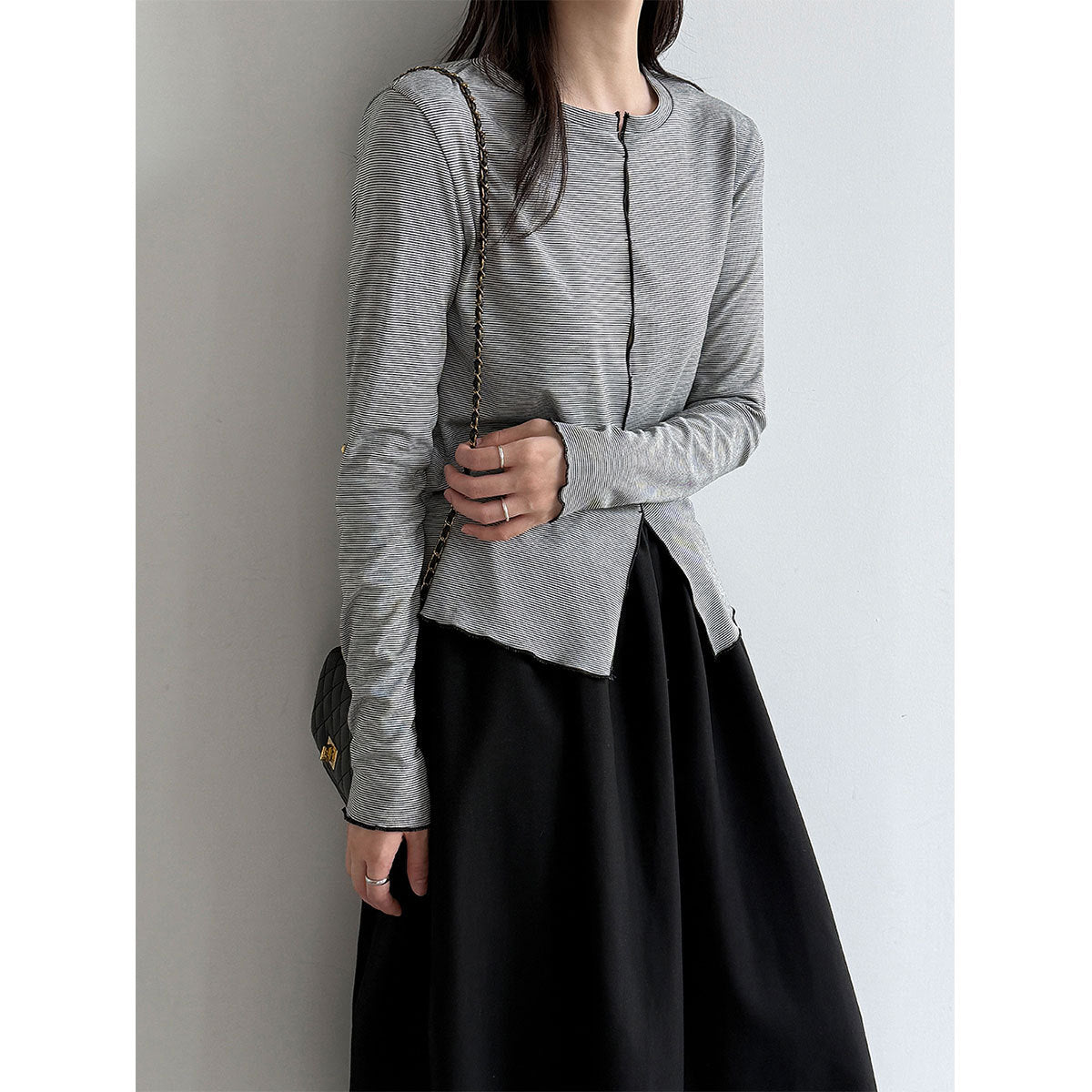 Color-Blocking Stripe Round Neck Long Sleeve Top for Women Hollow-Out T-Shirt Innerwear