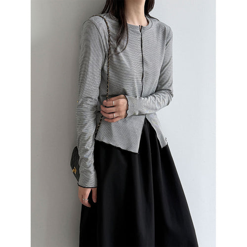 Women's Color-Blocking Stripe Round Neck Long Sleeve Top with Hollow-Out T-Shirt Innerwear