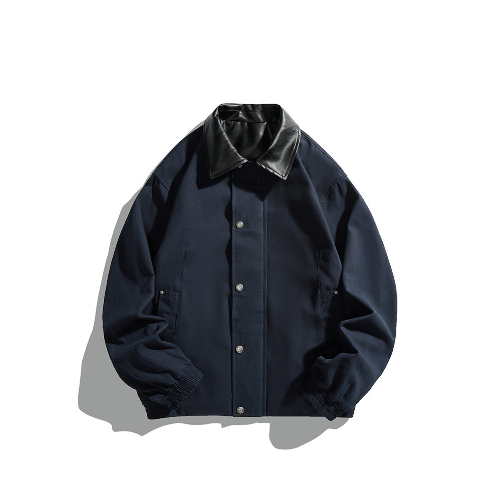 Melange PU Leather Lapel Jacket with Patchwork Workwear Button-Up Coat for Men