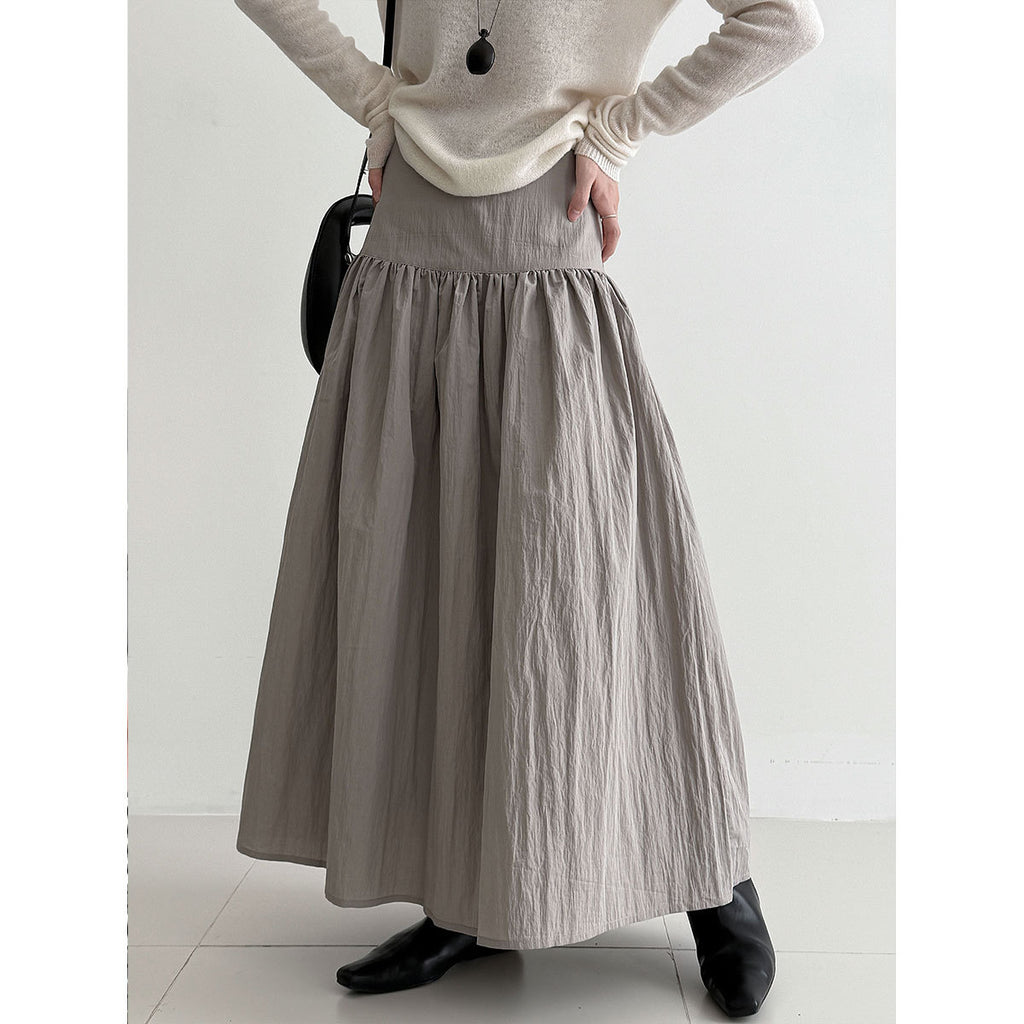 High-Waisted Cotton-Polyester Pleated Midi Skirt for Women, Solid Color Puffy A-Line Elegant Long Skirt