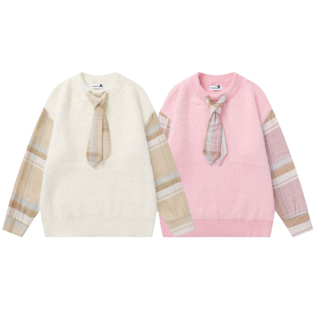Splicing plaid tie sweater
