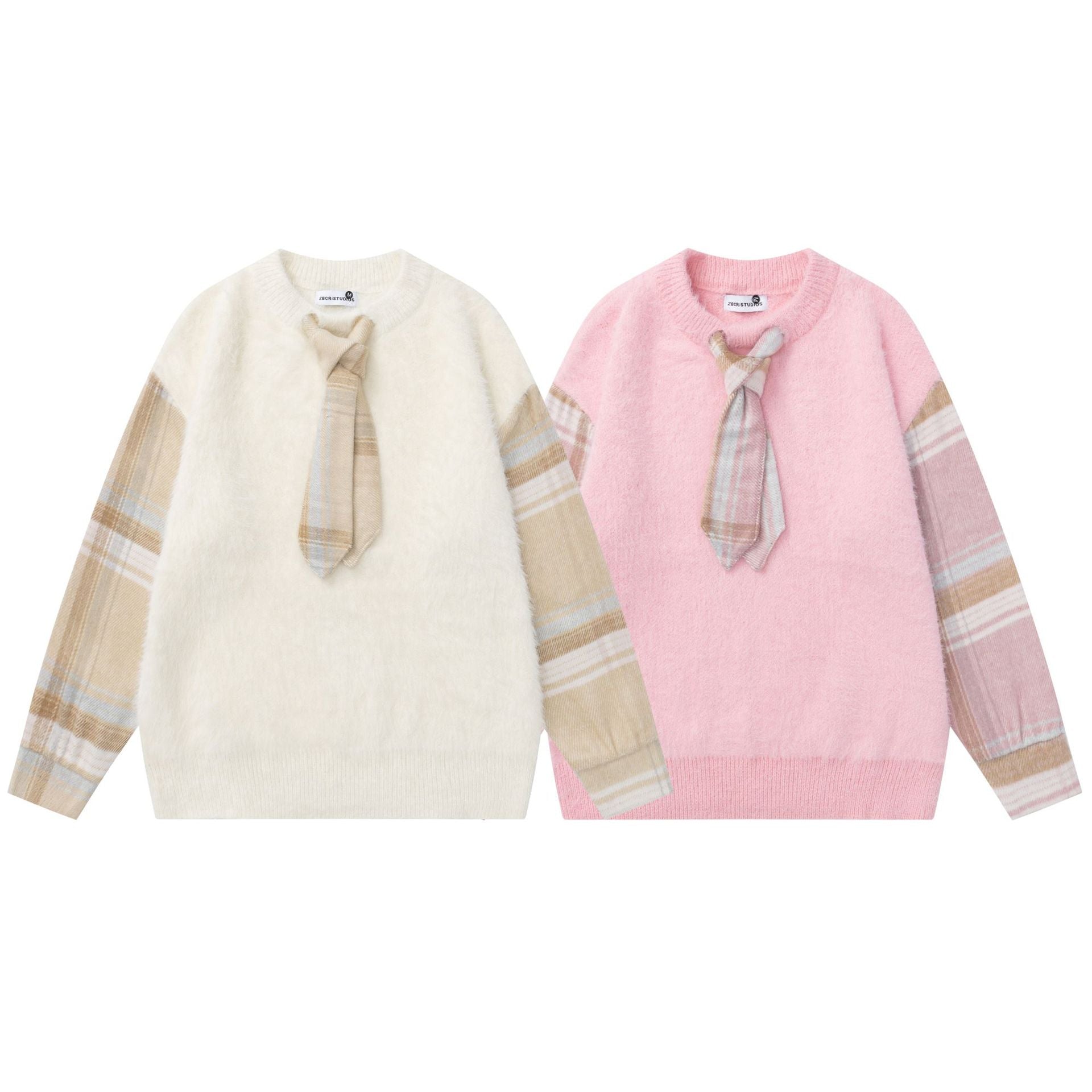 Splicing plaid tie sweater