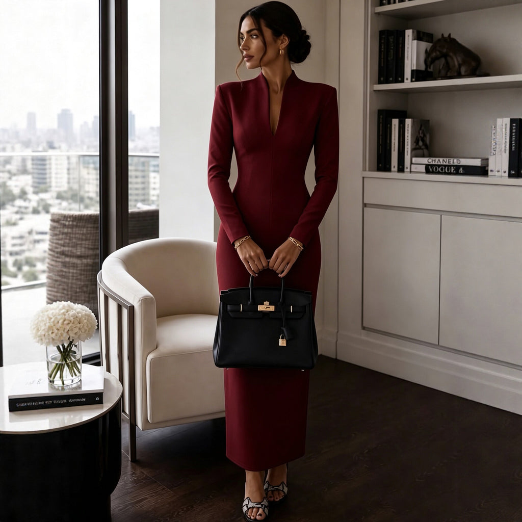 Stand-up Collar V-Neck Long Sleeve Fitted Bodycon Dress Evening Gown Luxury