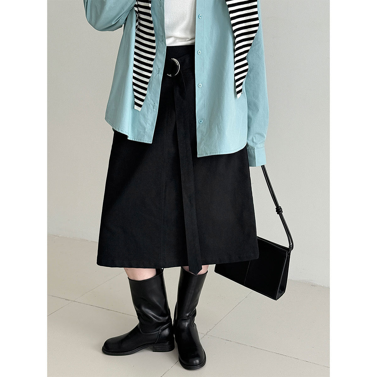Deer West Minimalist High-Waisted Tie Waist Skirt for Women Early Autumn Commute Smart Slimming A-Line Pencil Mid-Length Skirt
