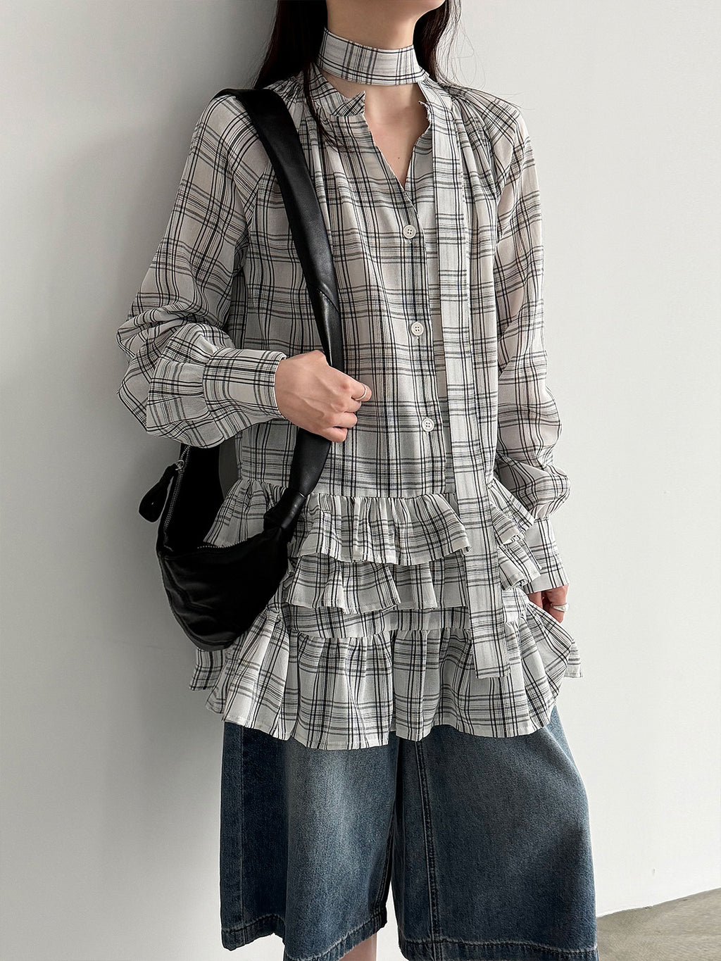 Plaid Ruffle V-Neck Tie Blouse for Women Spring Unique Design Layering Dress