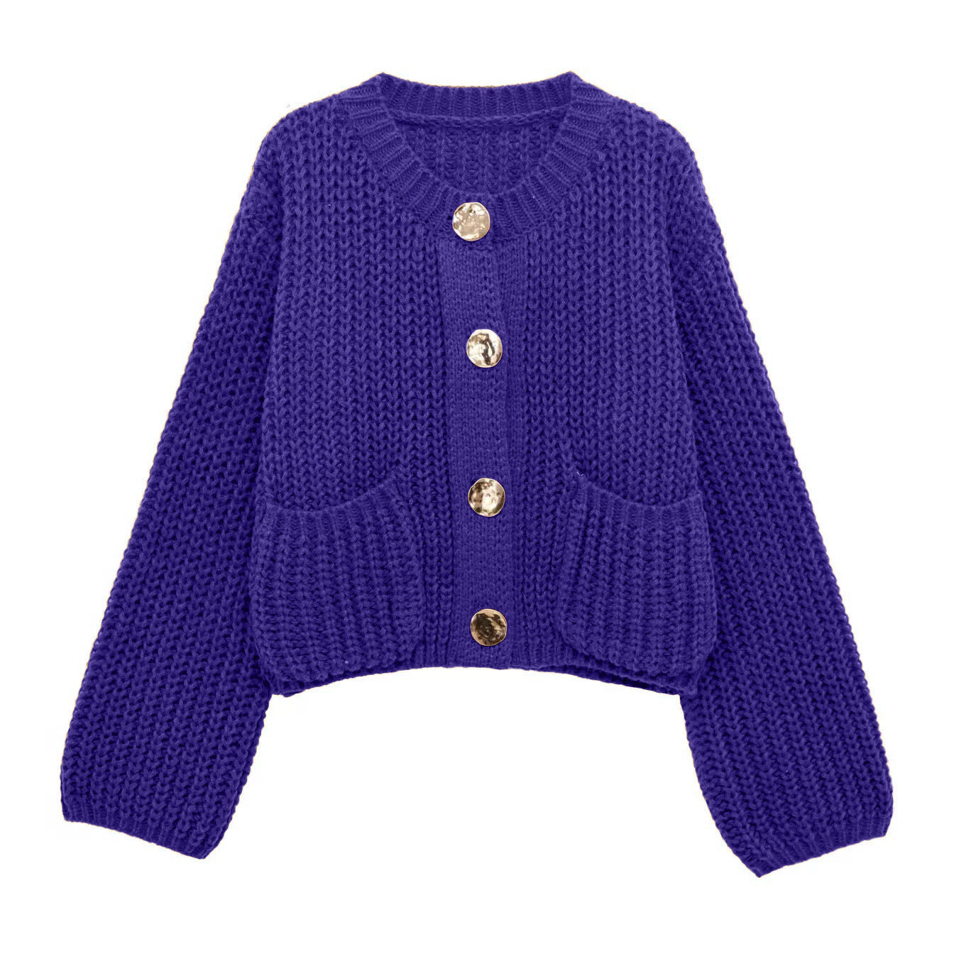 Women's Plain Color Round Neck Knit Cardigan Coat, Loose Casual Long Sleeve Sweater Top