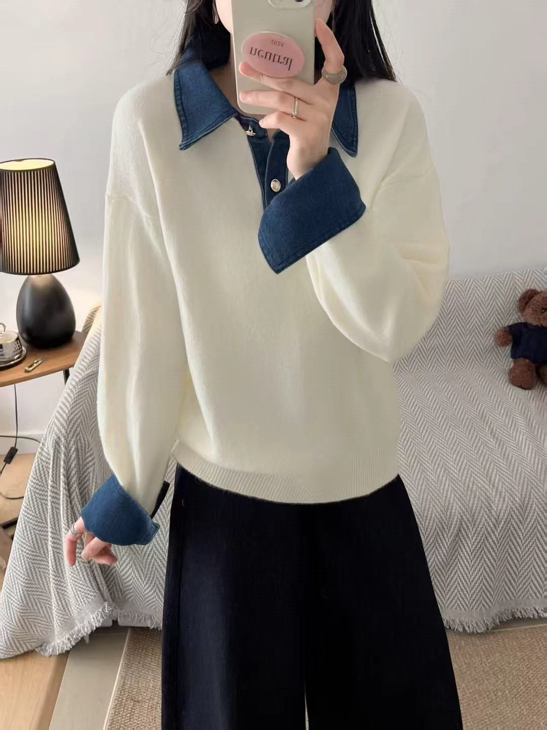 Color blocked denim patchwork polo collar long sleeved sweater for women