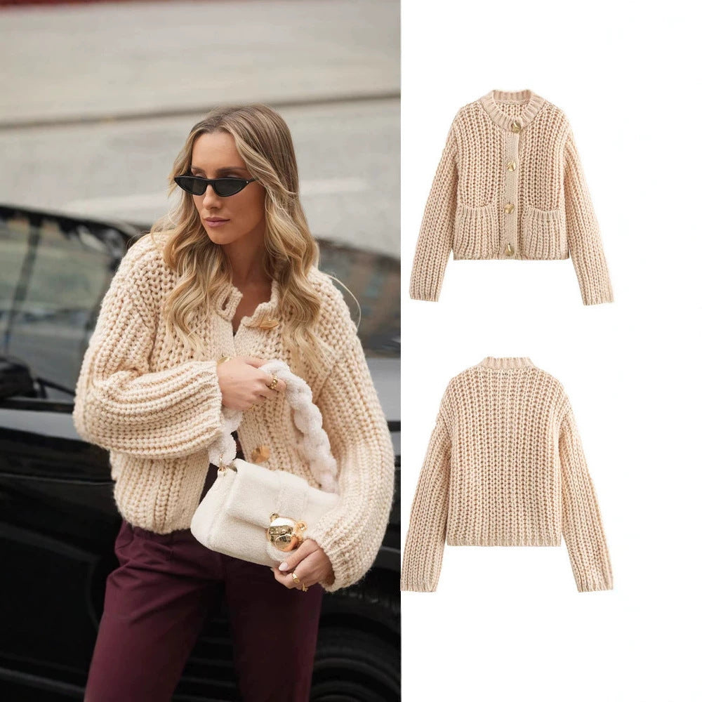 Women's Plain Color Round Neck Knit Cardigan Coat, Loose Casual Long Sleeve Sweater Top