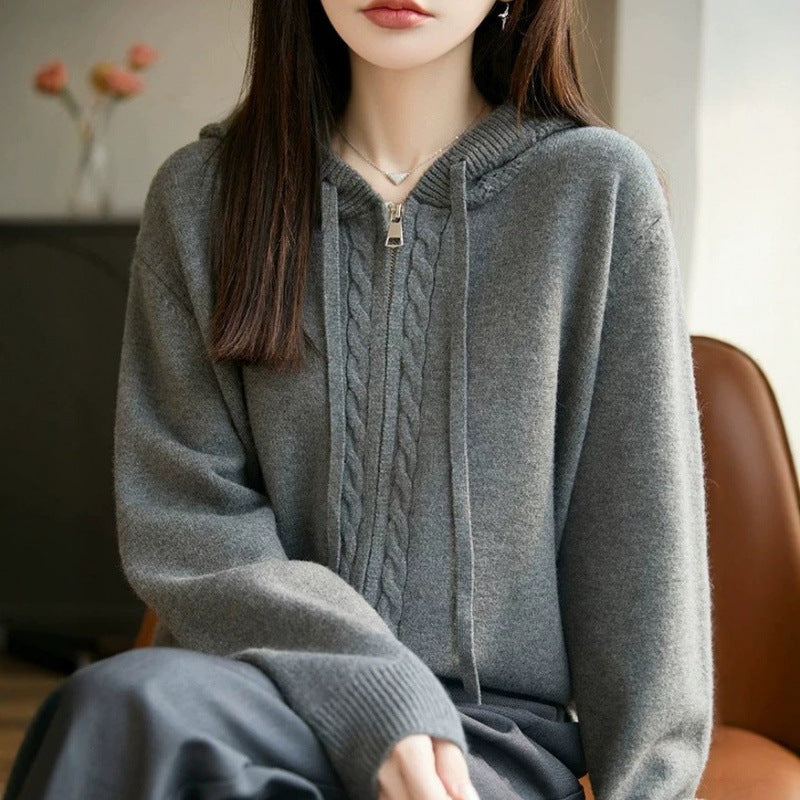 Plus Size Hooded Sweater Cardigan for Women, Loose Casual Style Zip-Up Knit Coat