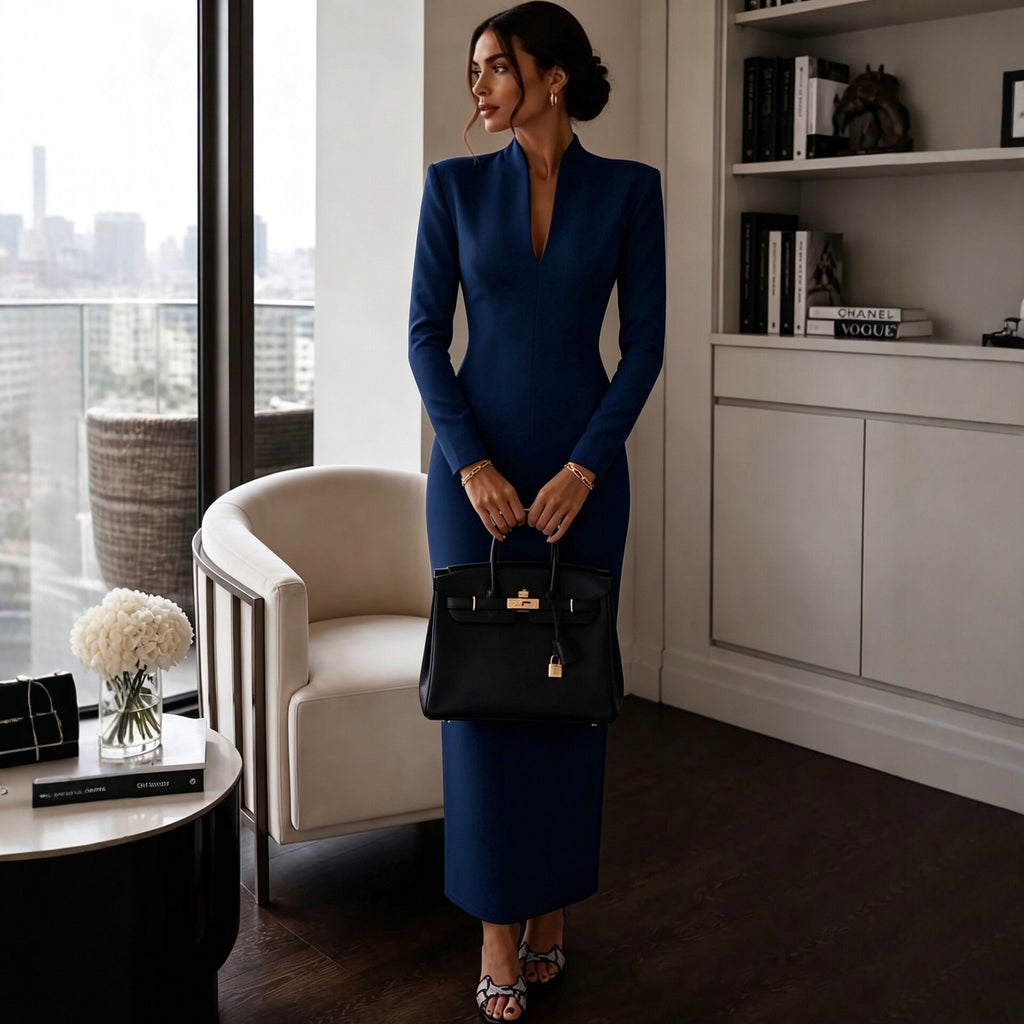 Stand-up Collar V-Neck Long Sleeve Fitted Bodycon Dress Evening Gown Luxury