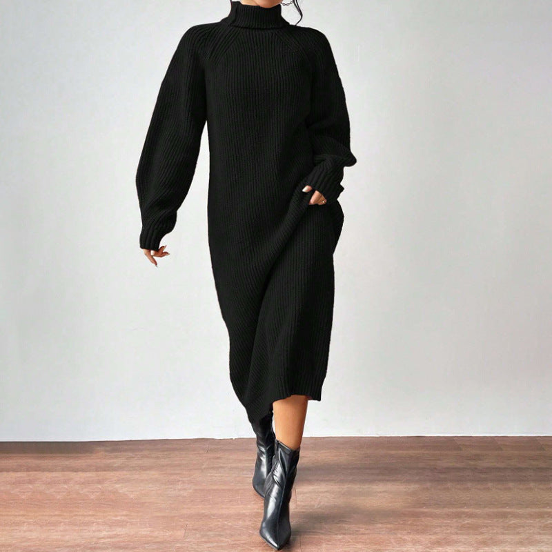 Fashionable Knit Dress for Women, Long Sleeve, High Neck, Crewneck, Solid Color, Long Length, Inner Layer Dress