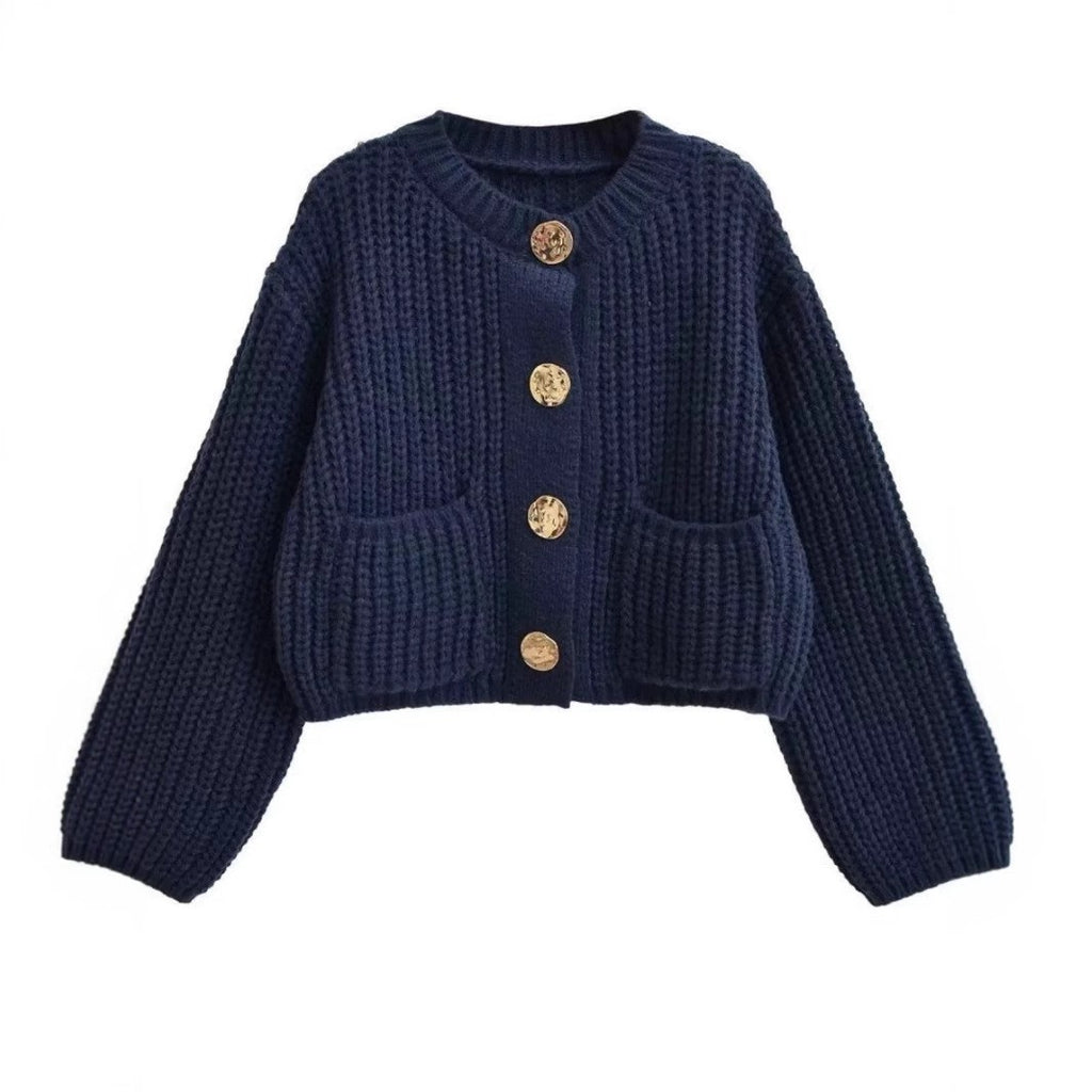 Women's Plain Color Round Neck Knit Cardigan Coat, Loose Casual Long Sleeve Sweater Top