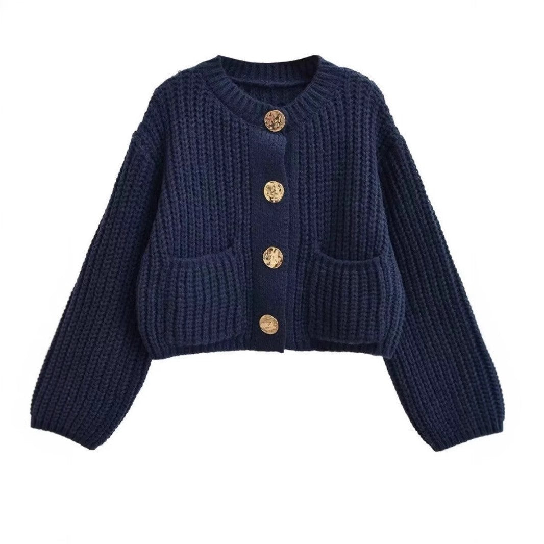 Women's Plain Color Round Neck Knit Cardigan Coat, Loose Casual Long Sleeve Sweater Top