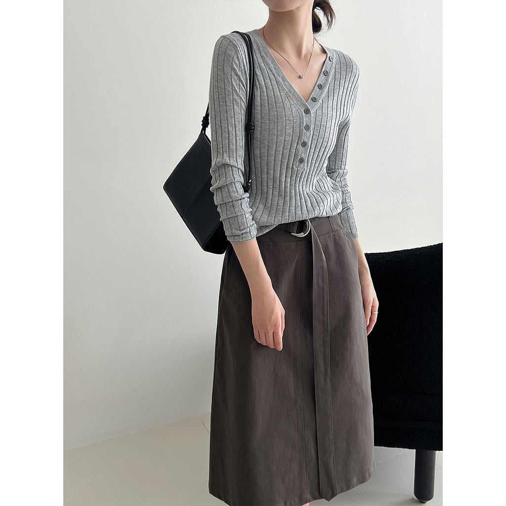 Deer West Minimalist High-Waisted Tie Waist Skirt for Women Early Autumn Commute Smart Slimming A-Line Pencil Mid-Length Skirt
