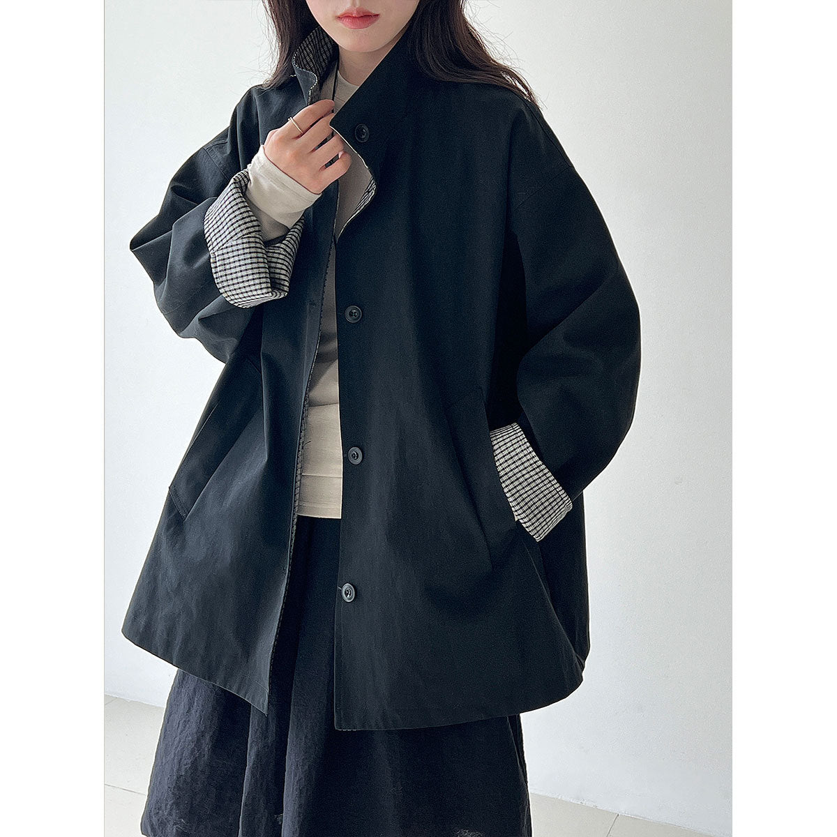 Plaid Patchwork Stand Collar British Style Mid-Length Trench Coat for Women Loose Oversized Outerwear