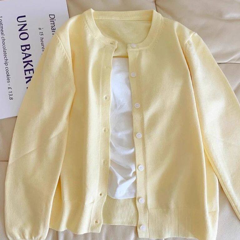 Soft Yellow Round Neck Long Sleeve Light Blue Knit Cardigan for Women Sweater Coat
