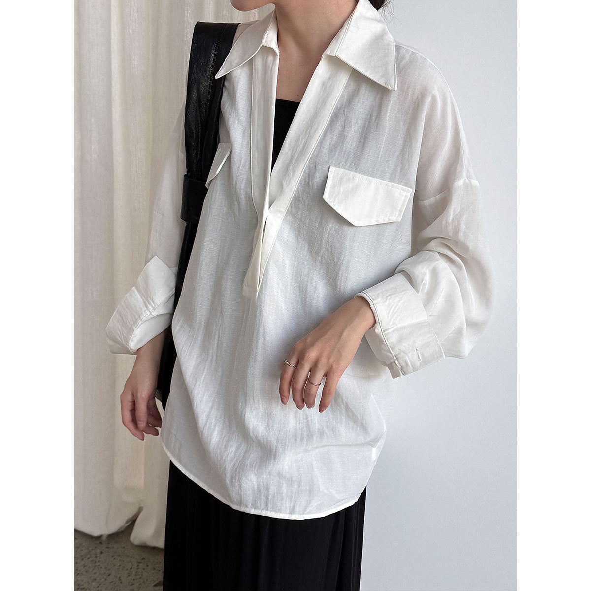 V-Neck Linen Shirt for Women, Long Sleeve, Autumn New Arrival, Elegant Blogger Loose Fit Design Blouse