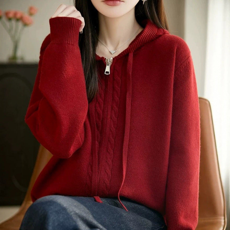 Plus Size Hooded Sweater Cardigan for Women, Loose Casual Style Zip-Up Knit Coat