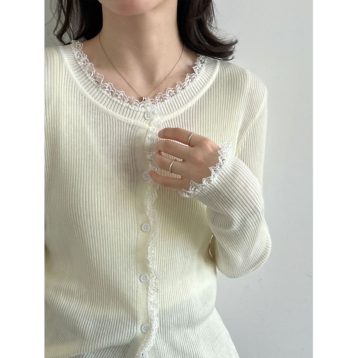 Lace Trim Knit Two-Piece Set for Women, V-Neck Crop Top + Elegant Fitted Cardigan