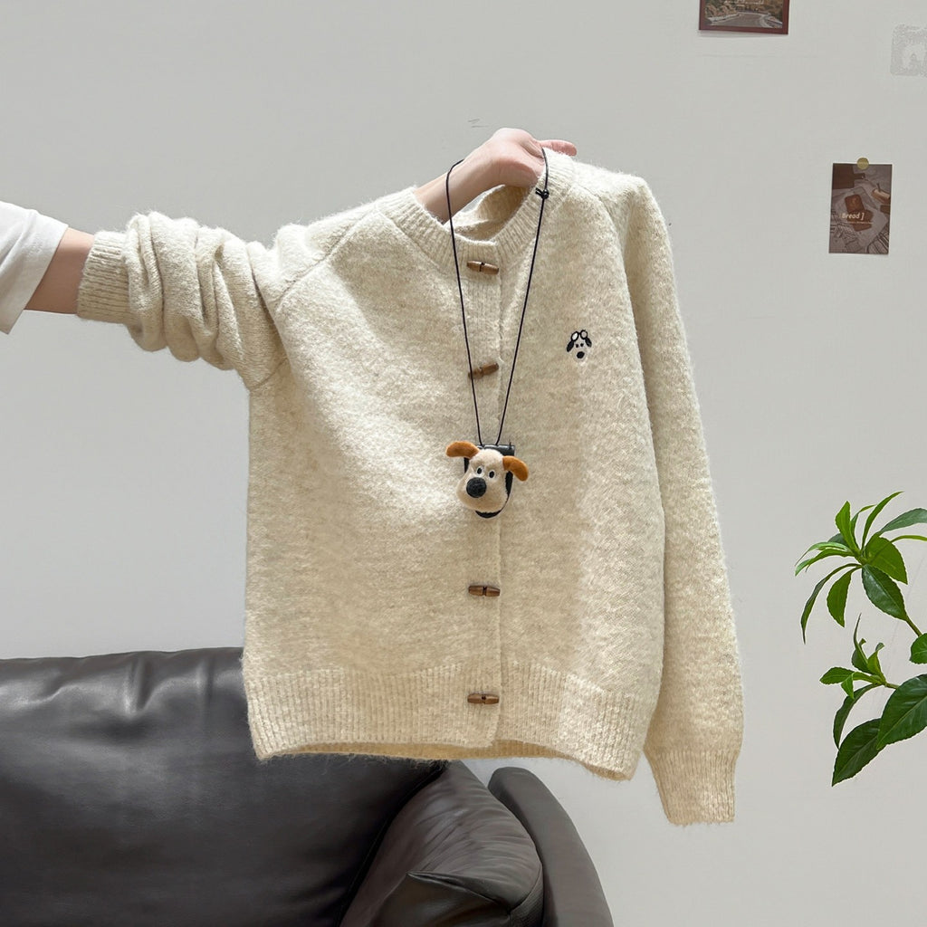 Soft Style Round Neck Horn Button Knitted Cardigan Women Loose Soft Versatile Sweater Coat