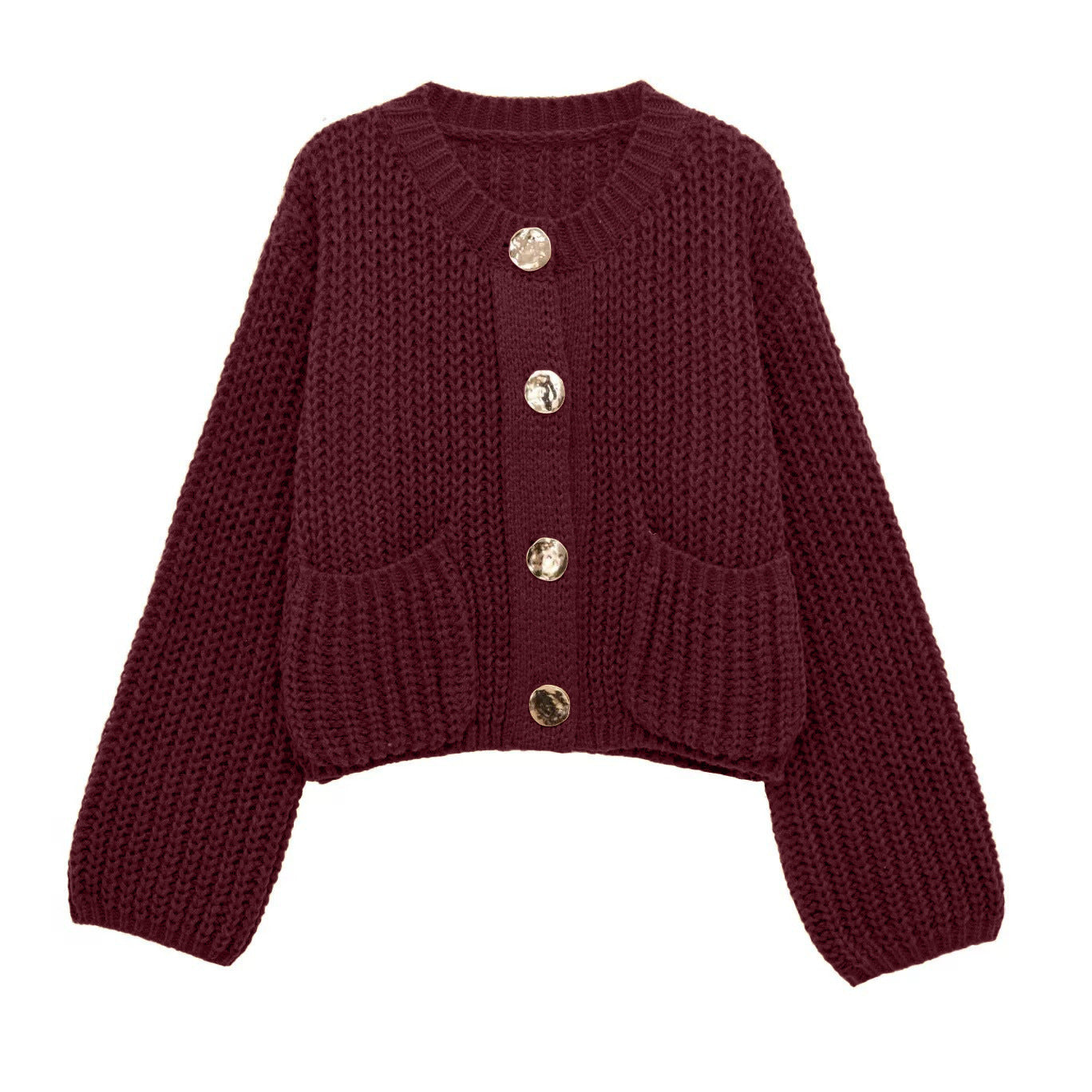 Women's Plain Color Round Neck Knit Cardigan Coat, Loose Casual Long Sleeve Sweater Top