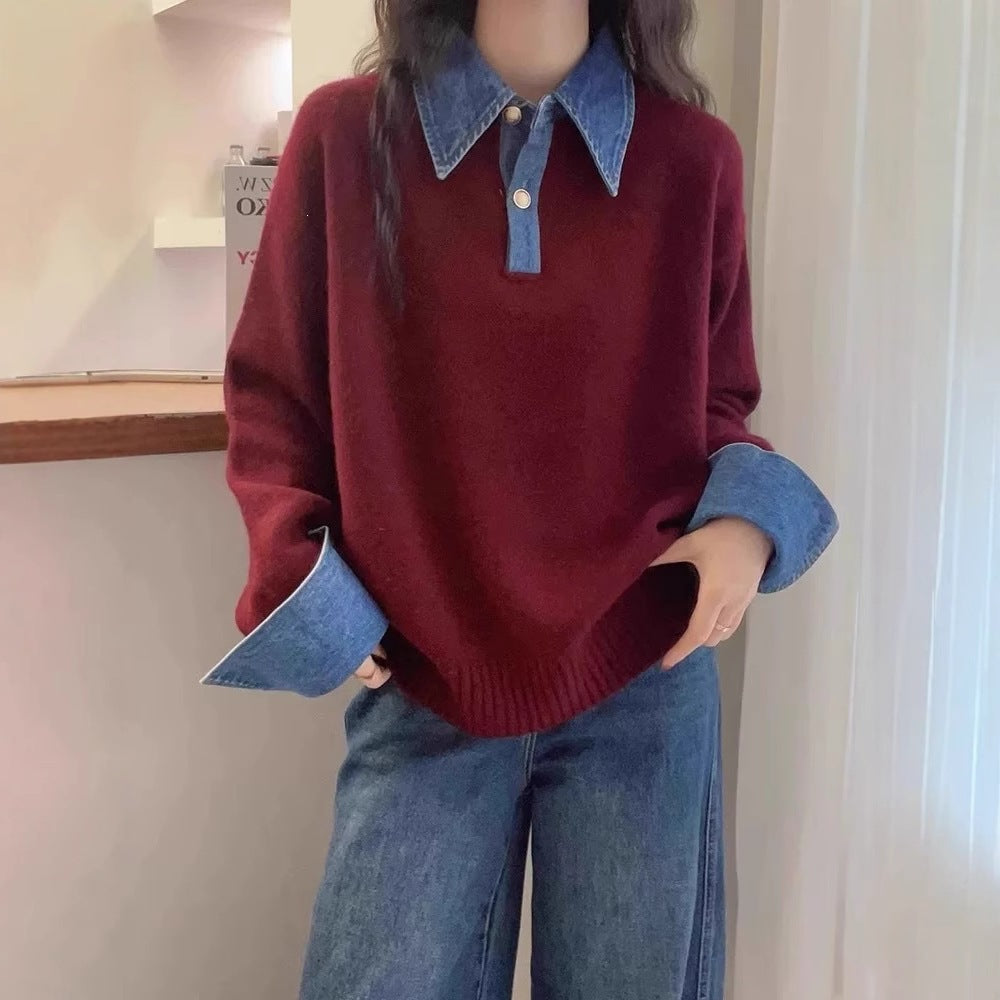 Color blocked denim patchwork polo collar long sleeved sweater for women