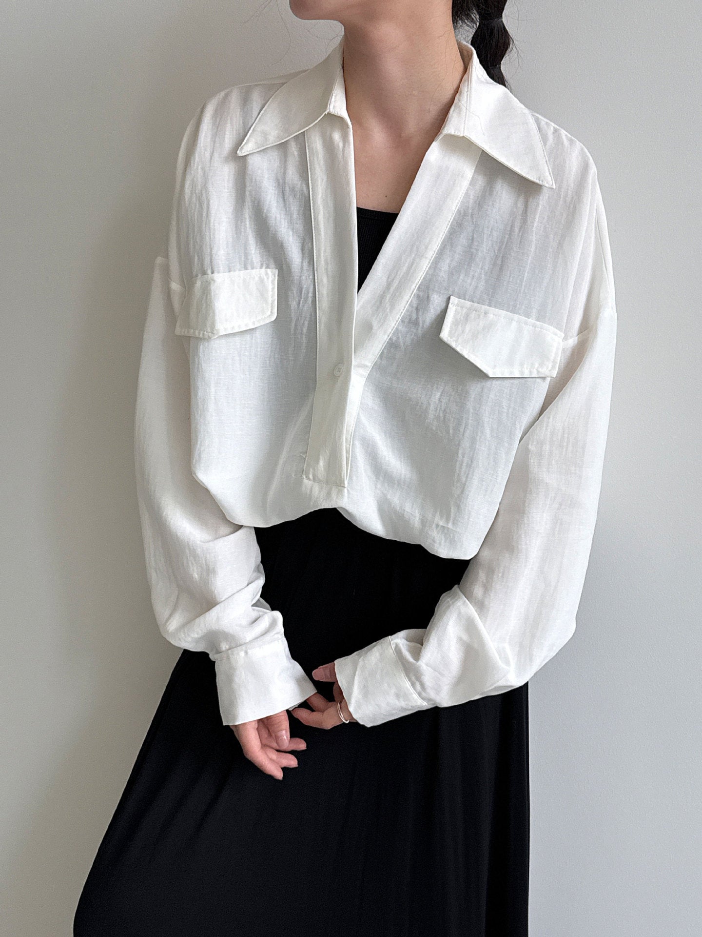 V-Neck Linen Shirt for Women, Long Sleeve, Autumn New Arrival, Elegant Blogger Loose Fit Design Blouse