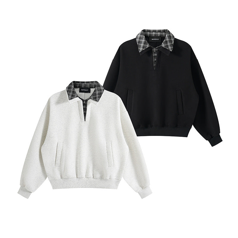 Casual Plaid Turn-Down Collar Mock Two-Piece Hoodie Men's Loose Half-Open Neck Pullover Top