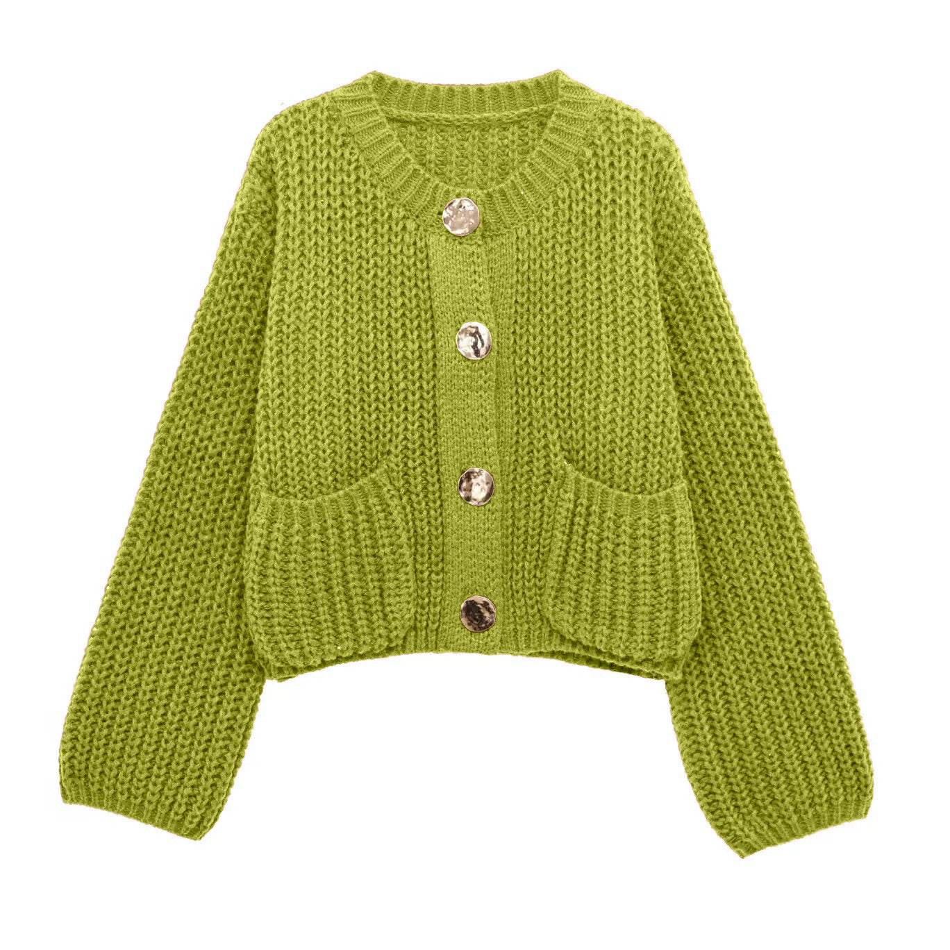 Women's Plain Color Round Neck Knit Cardigan Coat, Loose Casual Long Sleeve Sweater Top