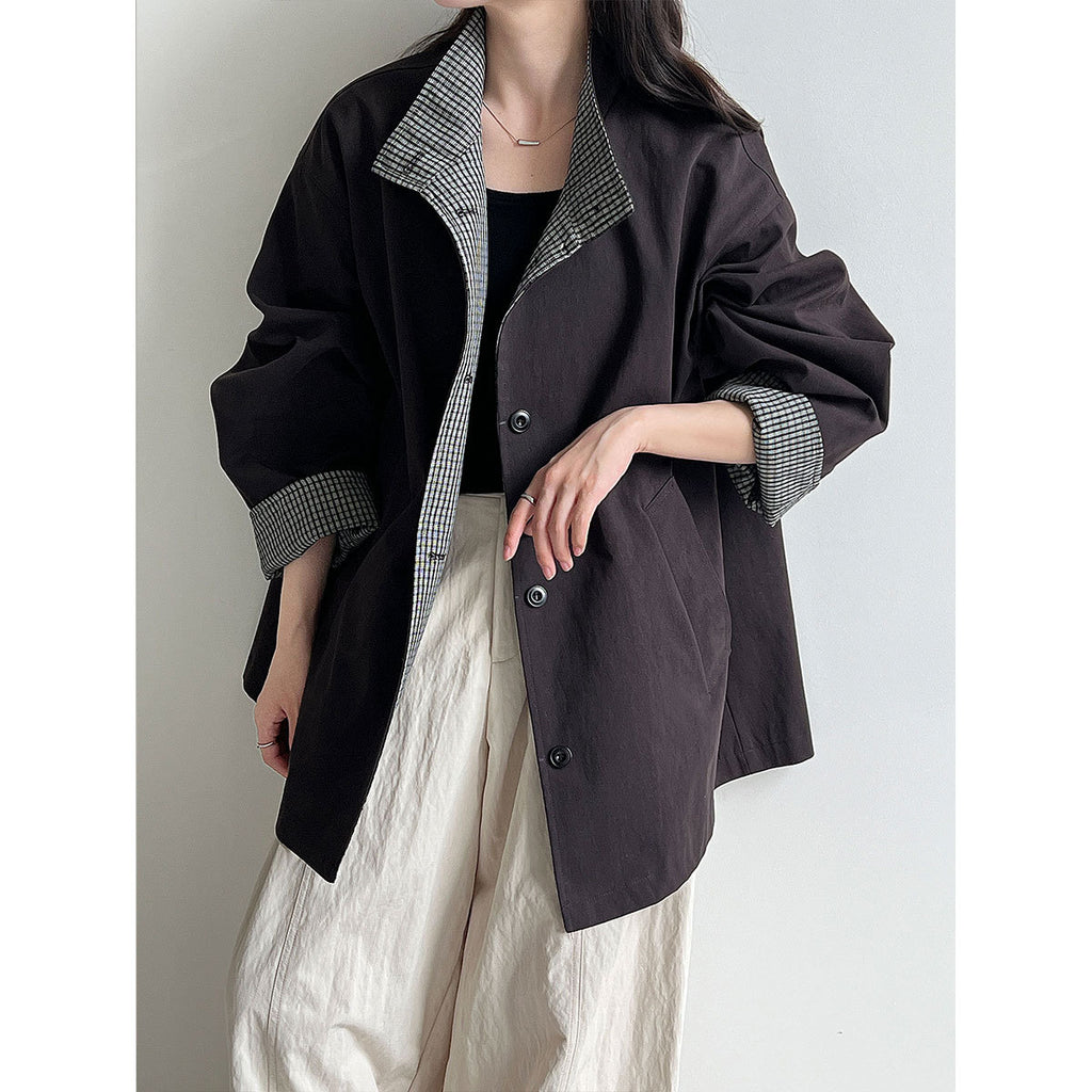 Plaid Patchwork Stand Collar British Style Mid-Length Trench Coat for Women Loose Oversized Outerwear
