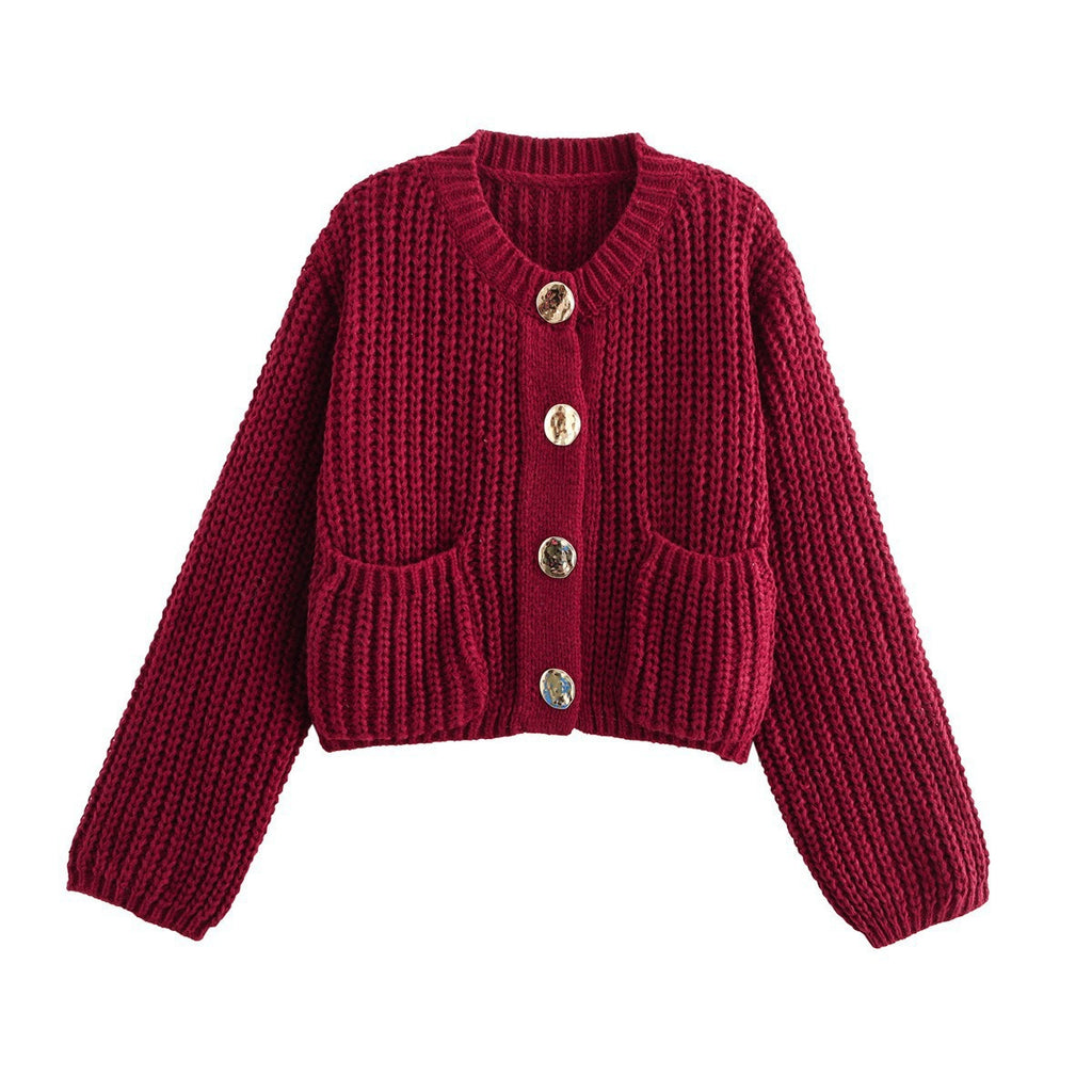 Women's Plain Color Round Neck Knit Cardigan Coat, Loose Casual Long Sleeve Sweater Top