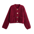 Women's Plain Color Round Neck Knit Cardigan Coat, Loose Casual Long Sleeve Sweater Top
