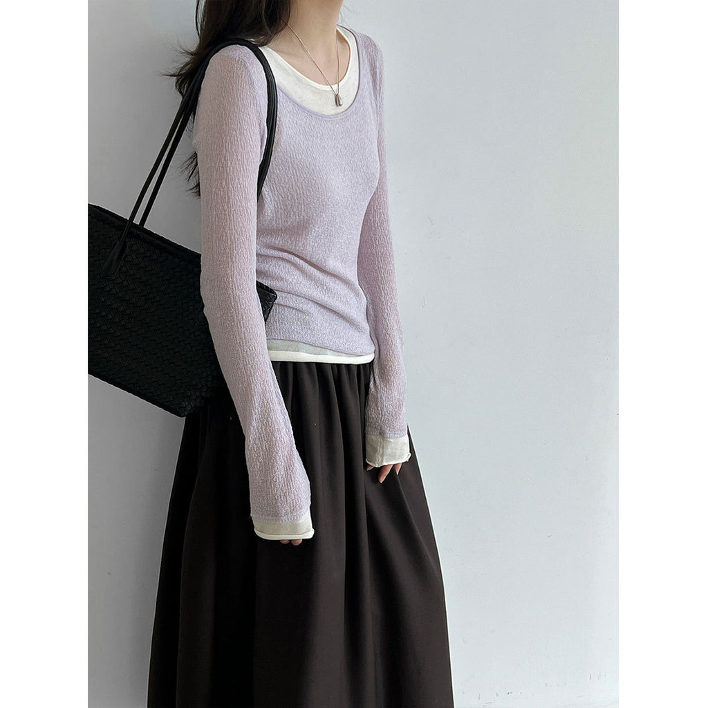 Wool Faux Two-Piece  Long Sleeve Basic Top for Women New Slim Fit Knitwear Shirt