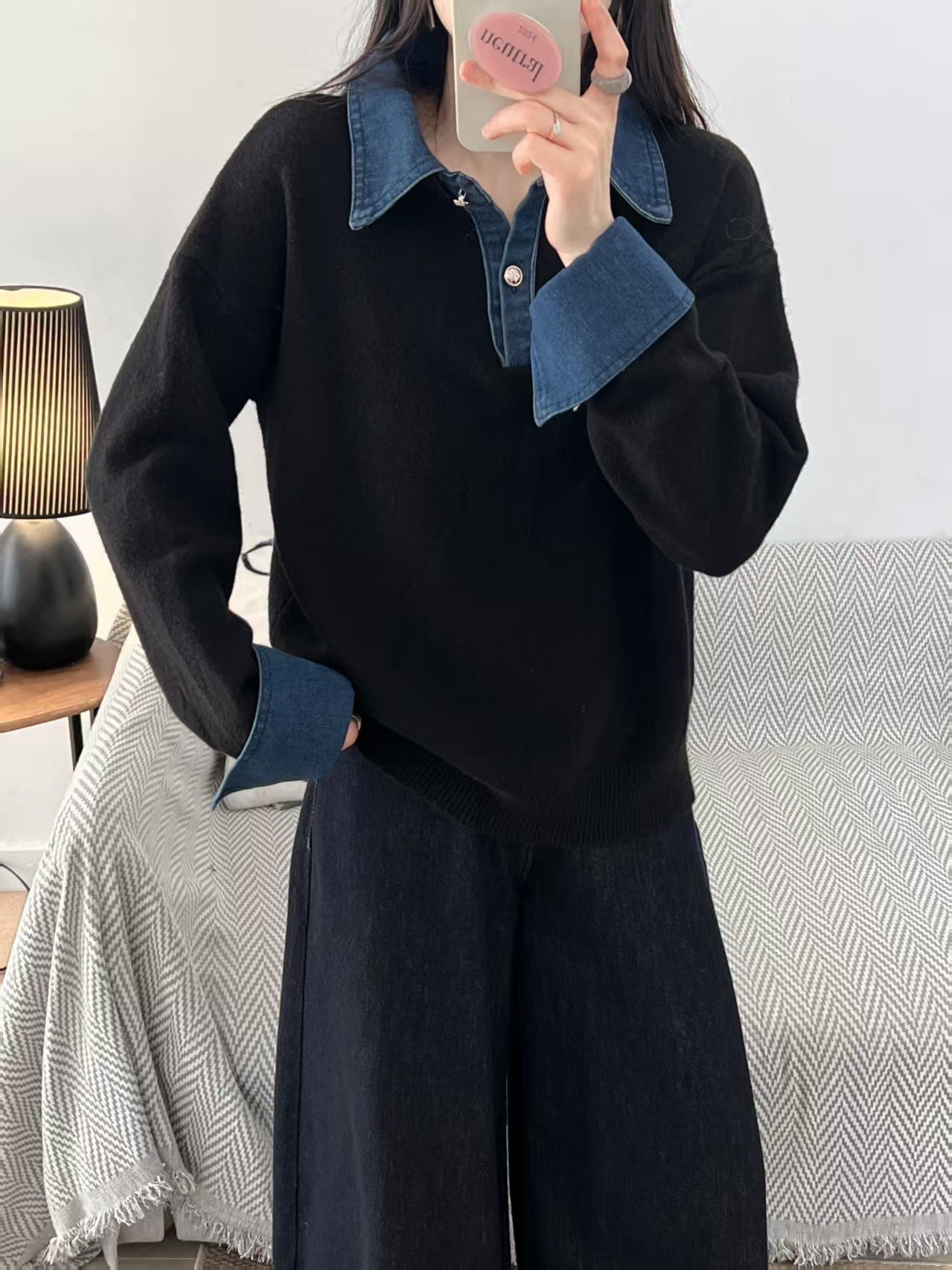 Color blocked denim patchwork polo collar long sleeved sweater for women