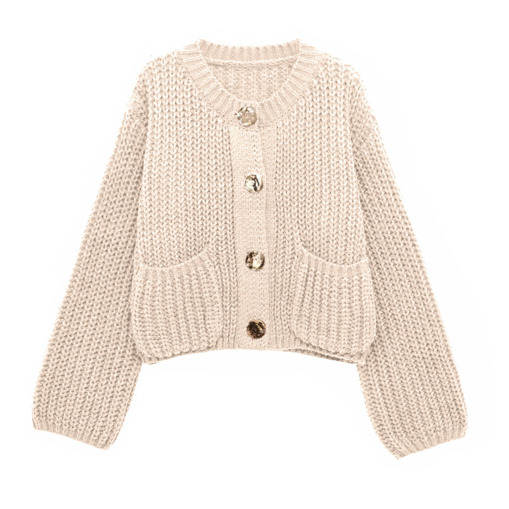 Women's Plain Color Round Neck Knit Cardigan Coat, Loose Casual Long Sleeve Sweater Top