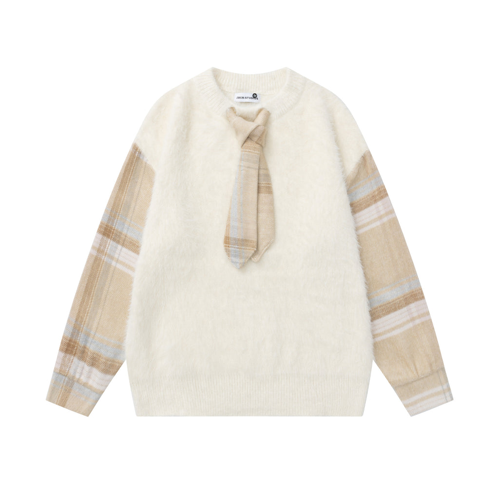 Splicing plaid tie sweater