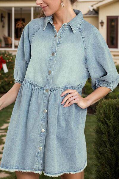 Raw Hem Snap Down Half Sleeve Denim Dress for Women