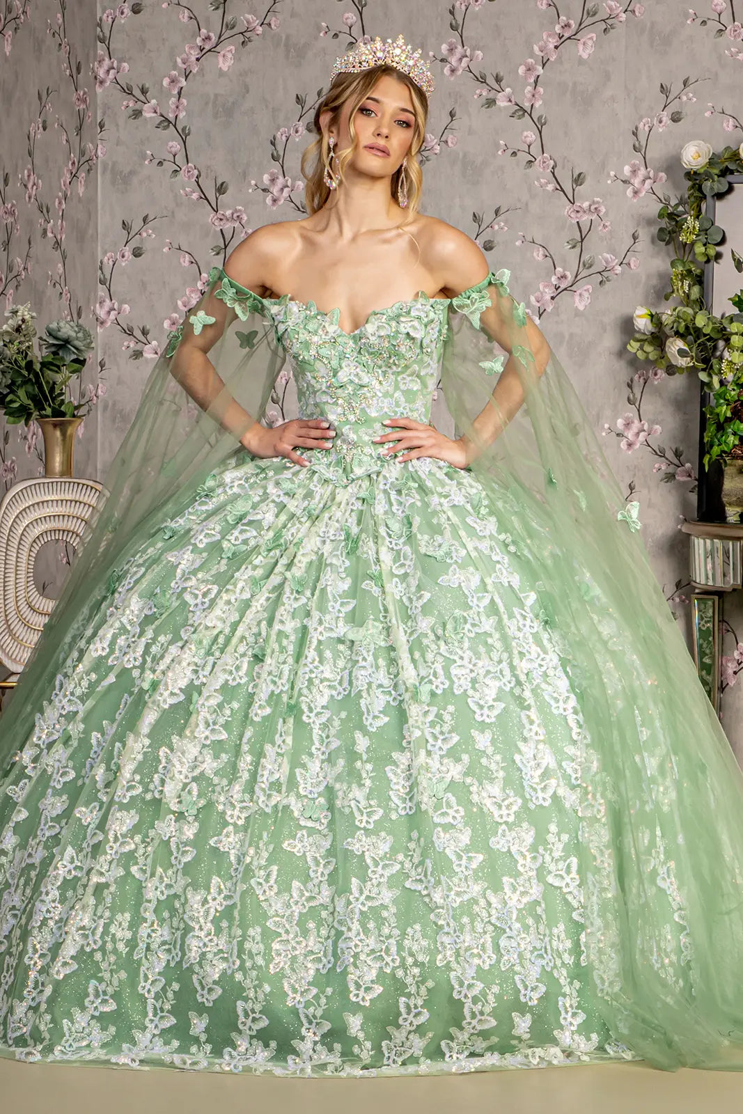 Jewel 3 d butterfly mesh ball gown w long sheer sleeve drapes GLGL3451