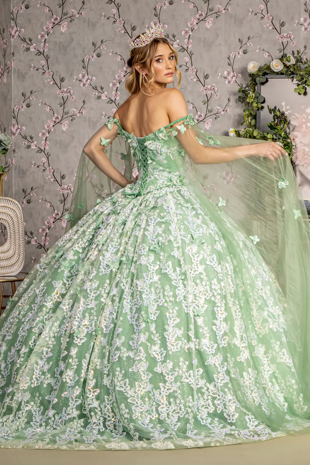 Jewel 3 d butterfly mesh ball gown w long sheer sleeve drapes GLGL3451