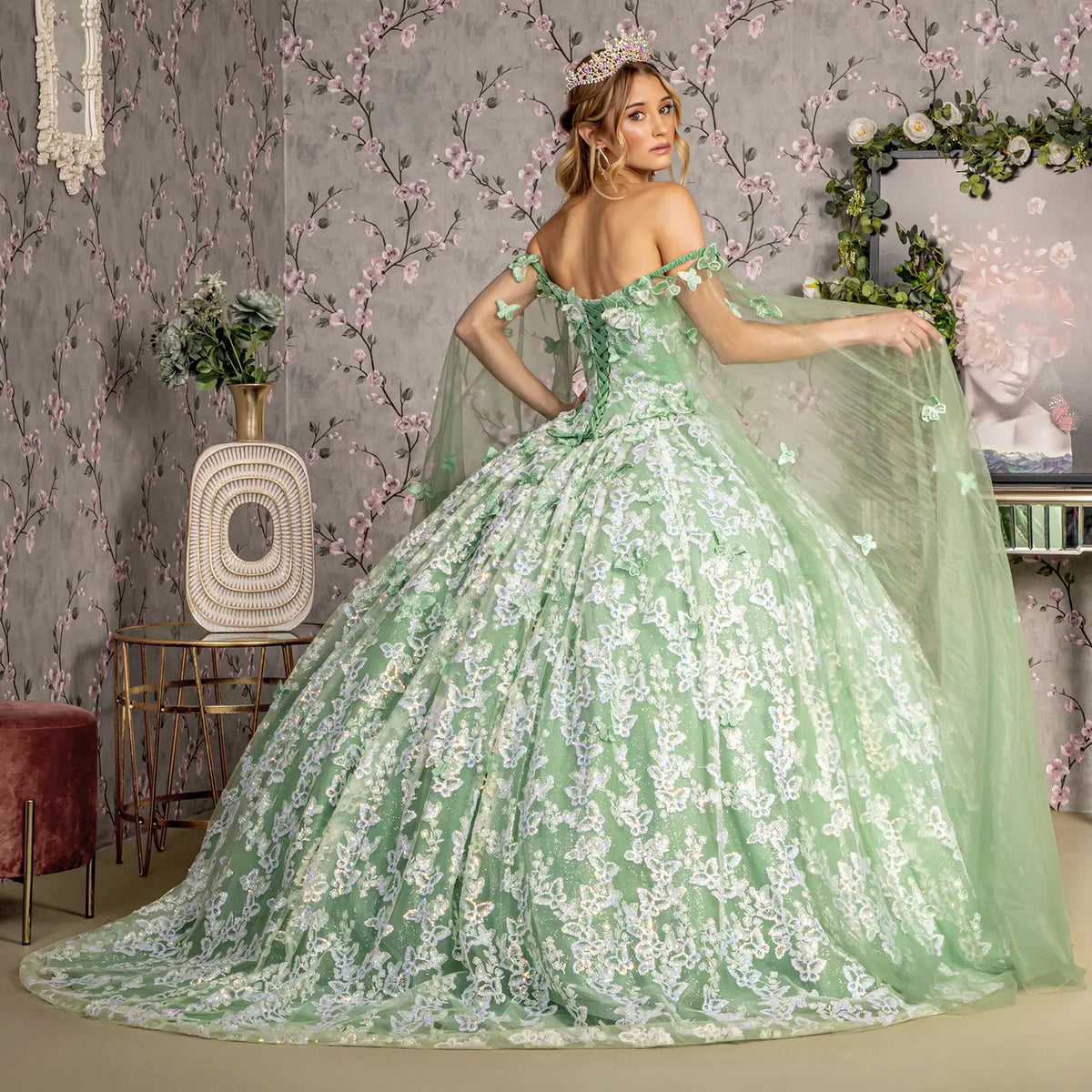 Jewel 3 d butterfly mesh ball gown w long sheer sleeve drapes GLGL3451